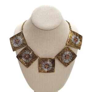 Vintage Brutalist Mixed Metal Wire Wrapped Bib Statement Collar Necklace Boho